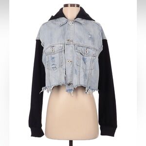 Cropped Light Blue Denim Jacket with Black Sleeves & Hood